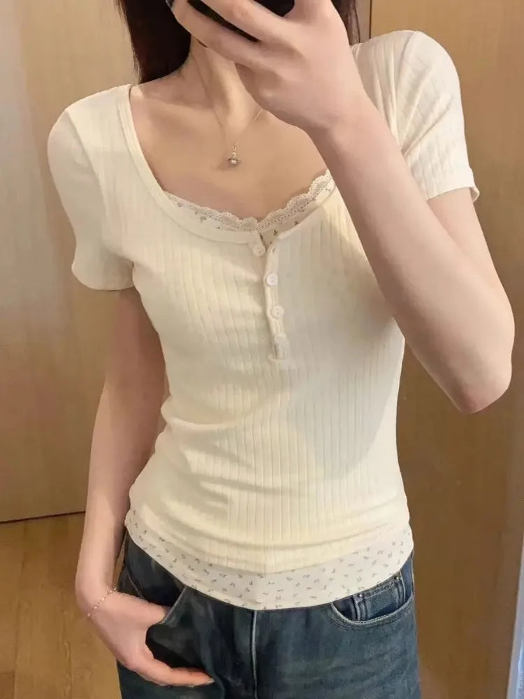 maoxiangshop Fake Two Pieces Sweet Flower Print Women T-shirt Slim Long Sleeve Bottoming Crop Top Patchwork Lace Tees Y2k Aesthetic Fashion