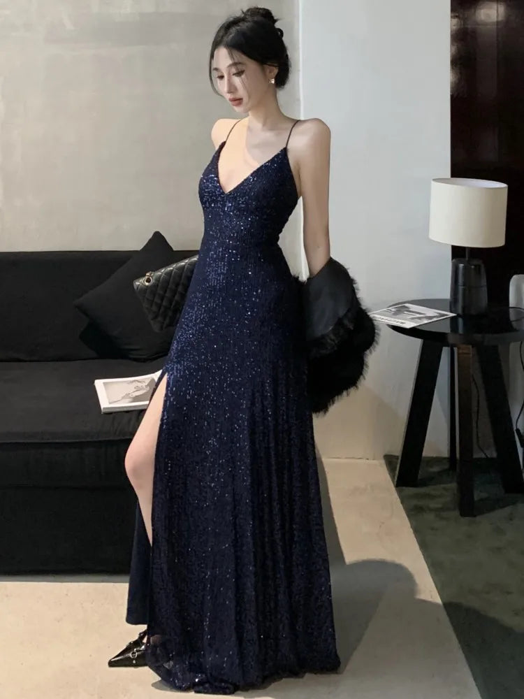 maoxiangshop - Women's Backless V-Neck Split Maxi Dress Sexy Slim Evening Gown Luxury Dresses Fashion Robe Birthday Party Spring Autumn New