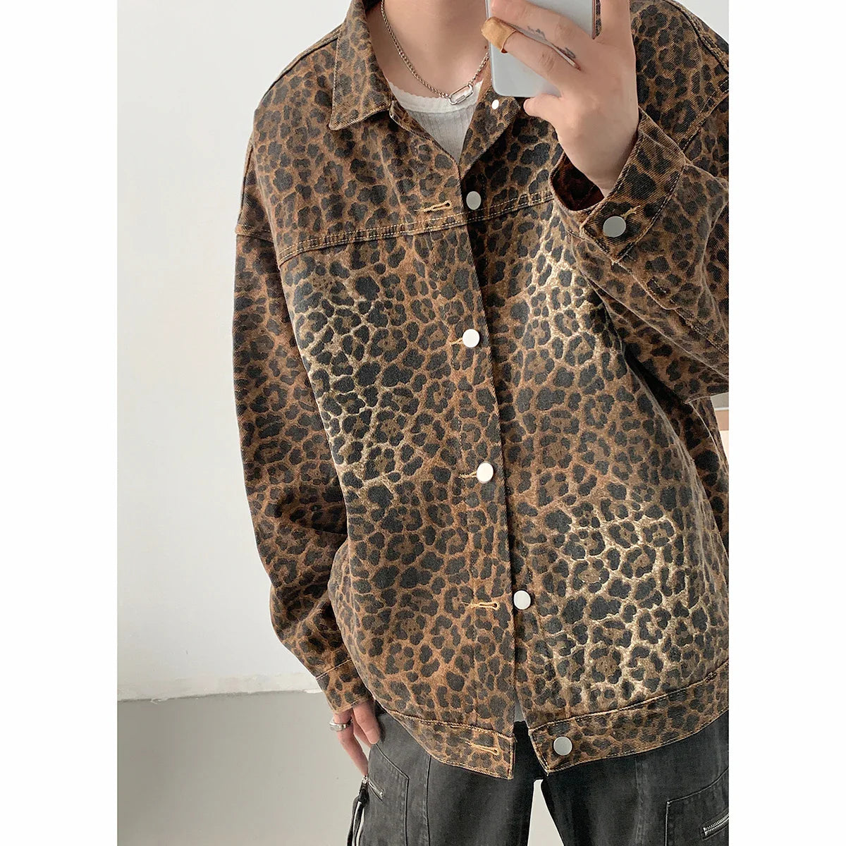 maoxiangshop Hip Hop Men's Vintage Leopard Print Denim Jackets Autumn Fashion Lapel Collar Zipper Jacket Coat Holiday Jackets Streetwear