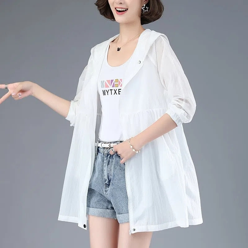 maoxiangshop New Summer Medium Long Sun Protection Clothing Female Thin Jacket Loose Hooded Coat Sun Protection Windbreaker Women