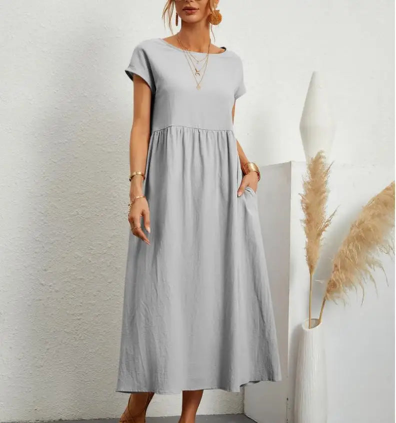 maoxiangshop Women's Elegant Solid Color Dress Summer Short Sleeve O-Neck Vintage Harajuku Cotton Linen Comfortable Loose Pocket Long Dress