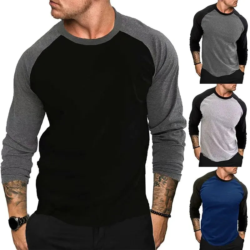 maoxiangshop New Casual Fashion Long Sleeves T Shirt Men Spring Autumn Patchwork Gym Clothing Fitness T-shirt Sports Raglan Sleeves Tshirt