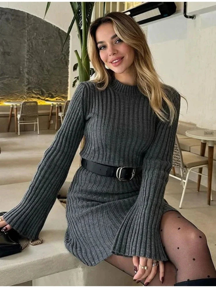maoxiangshop - White Knitted Women Dress 2024 Winter Black Long Sleeve Mini Sweater Dress Ladies Elegant Pleated Knit Party Dress Knitwear