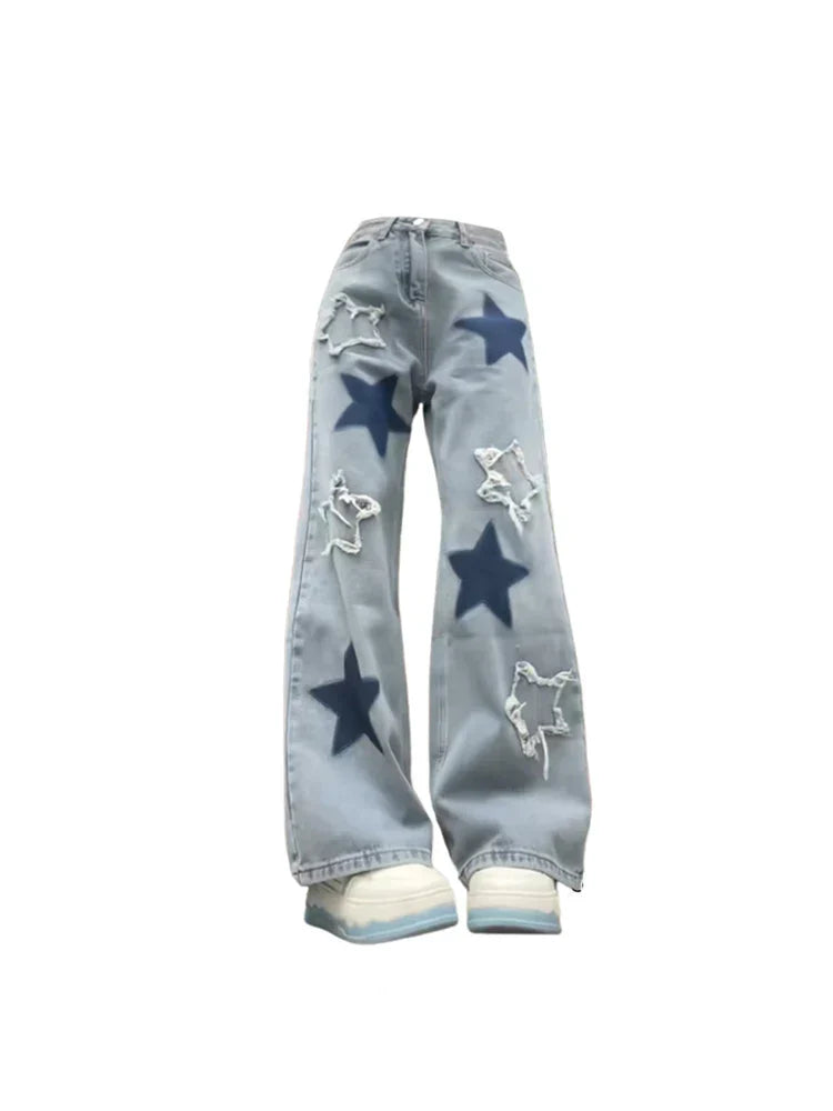 maoxiangshopWomen's Baggy Blue Star Jeans Vintage Y2k 90s Aesthetic Denim Trousers Harajuku High Waist Wide Cowboy Pants 2000s Clothes