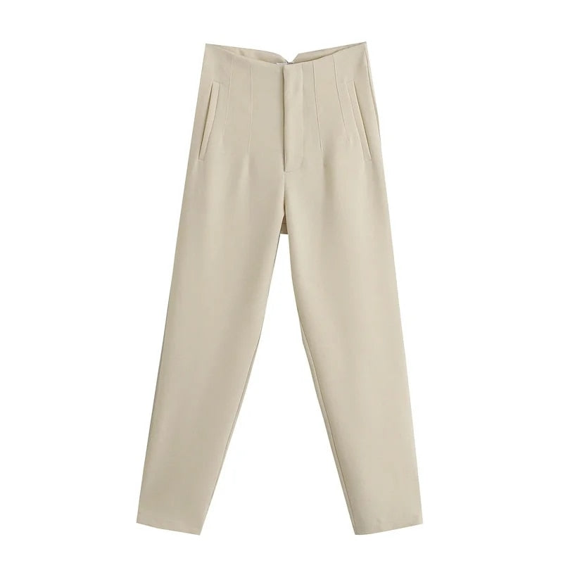 maoxiangshopWomen Light Blue Chic Fashion Office Wear Straight Pants Vintage High Waist Zipper Fly Female Trousers Fashion