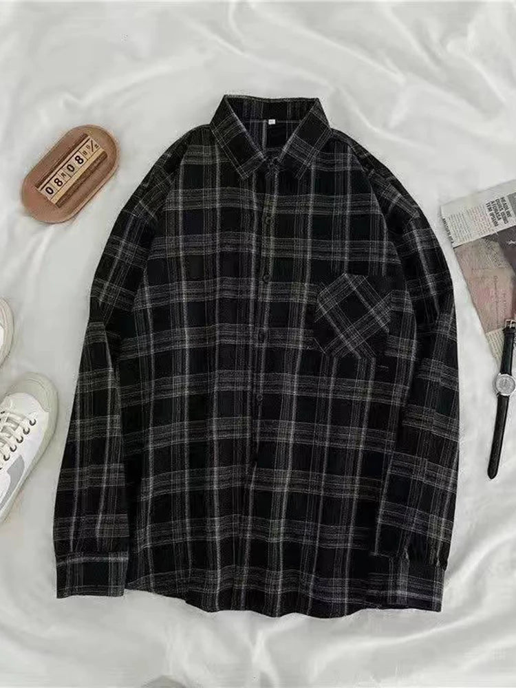 maoxiangshop Vintage Women Plaid Shirts Autumn Long Sleeve Oversize Button Up Tops Korean Loose Casual Fall Outwear Femme Shirts