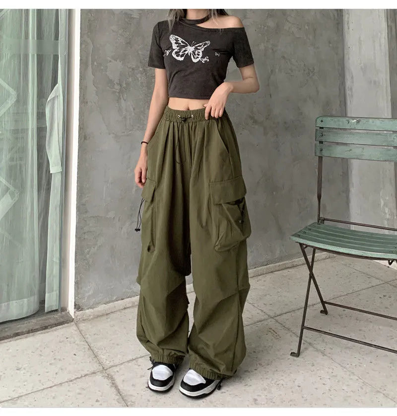 maoxiangshopWomen Big Pockets Cargo Pants Y2k High Elastic Waist Drawstring Baggy Trousers Vintage Casual Loose Side Zipper Straight Pants