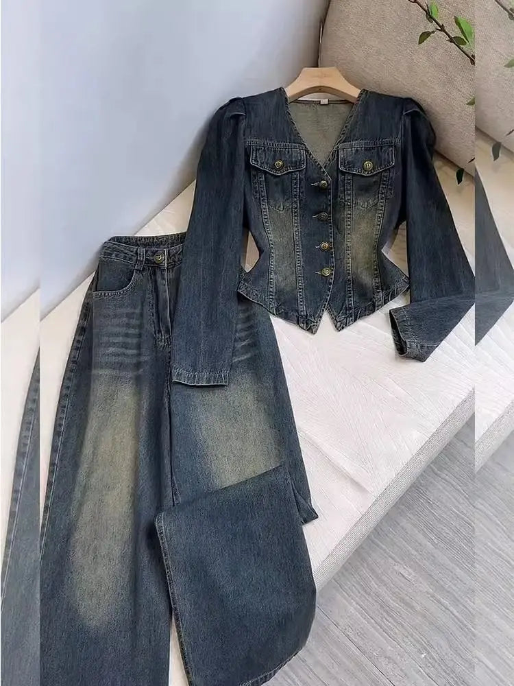V Neck Denim Coat Wide Leg Jeans Trousers 2 Piece Sets Womens Outfits Y2k Suits Vintage Autumn Winter Jacket Loose Pants