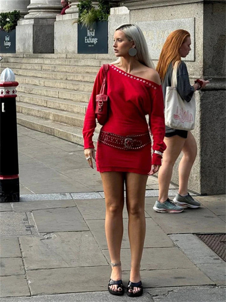 maoxiangshop - Autumn Hipster Inclined Shoulder Mini Dress Casual Street Outfits Women 2024 Fashion Rivet Long Sleeve Bodycon Red Dress