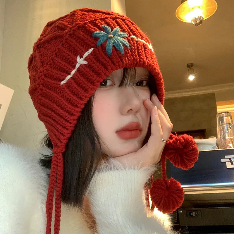 maoxiangshop - Knitted Beanies Hat for Women Bohemian Tassel Flower Crocheted Woolen Pullover Cap Autumn Winter Warm Thicken Ear Protection Cap