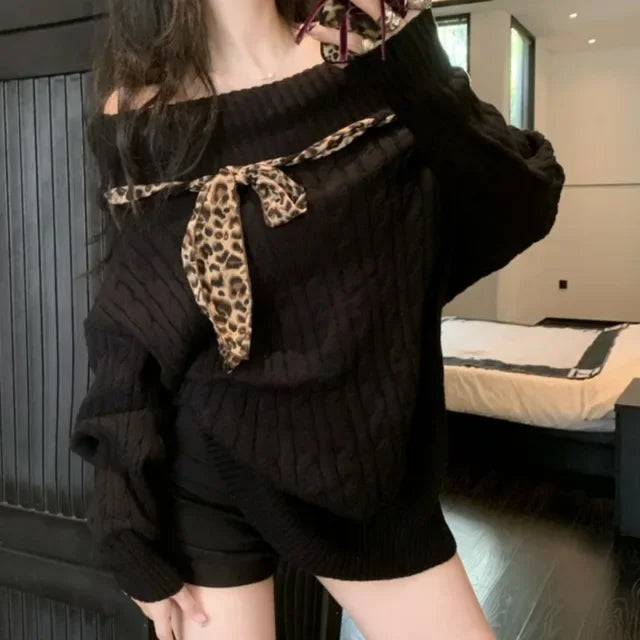 maoxiangshop - 2024 Autumn Woman's Tops Sweet Korean Bow Harajuku Soft Sweater Pullover Y2K Off The Shoulder Fashion Casual Loose Knitwear Top