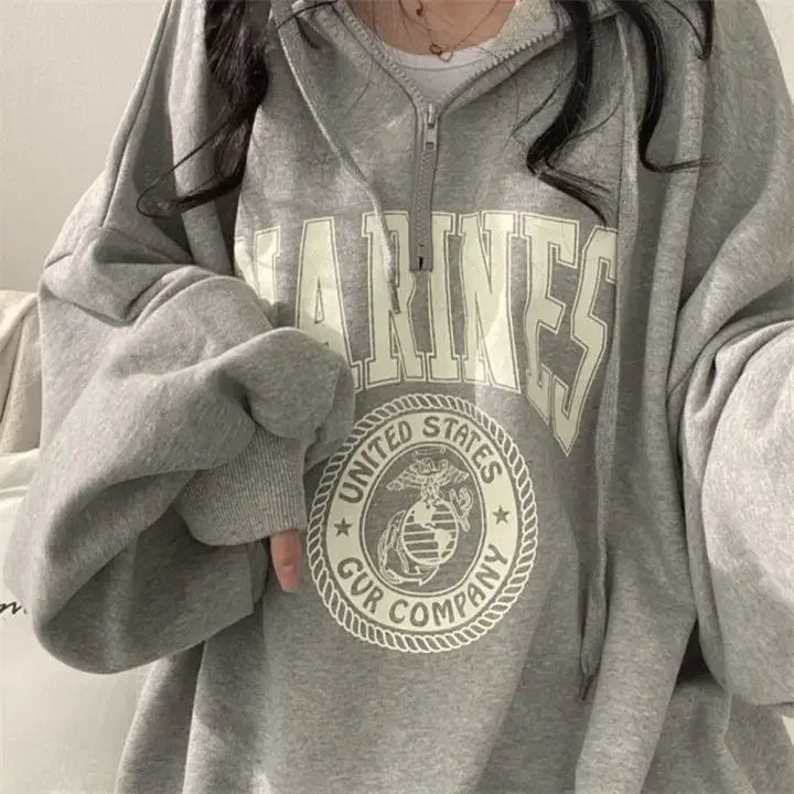 Graphic Hoodies Baggy Tops Grey with Zipper Sweatshirts for Women Full Zip Up Hooded Loose Female Clothes Pullovers Sport Trend
