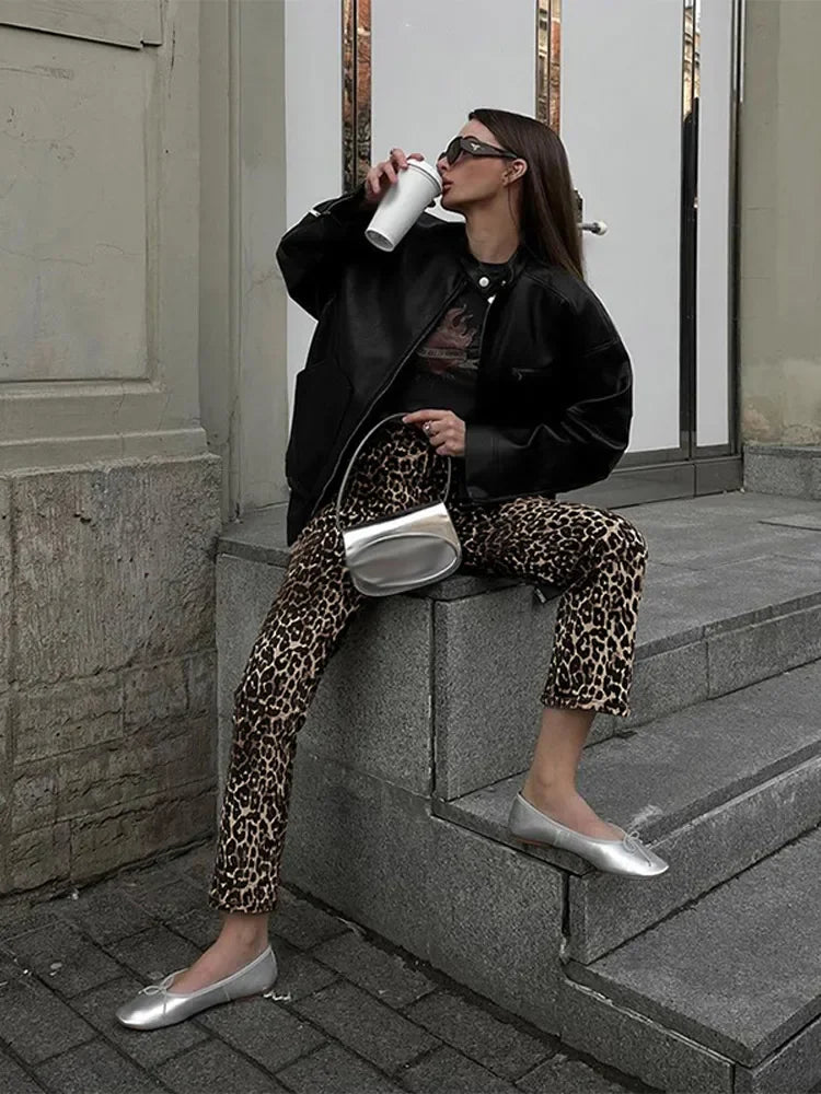 maoxiangshop - Leopard Printed Long Pants Women's 2024 Spring Autumn Slim Single Button Pencil Trousers Female Stylish High Waist Ladies Pants