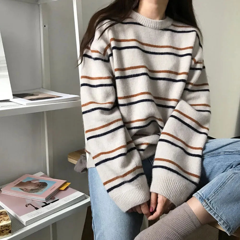 maoxiangshop Women Pullovers Crew-Neck Knitted Jumper New Student Striped Sweater Aesthetic Outfit
