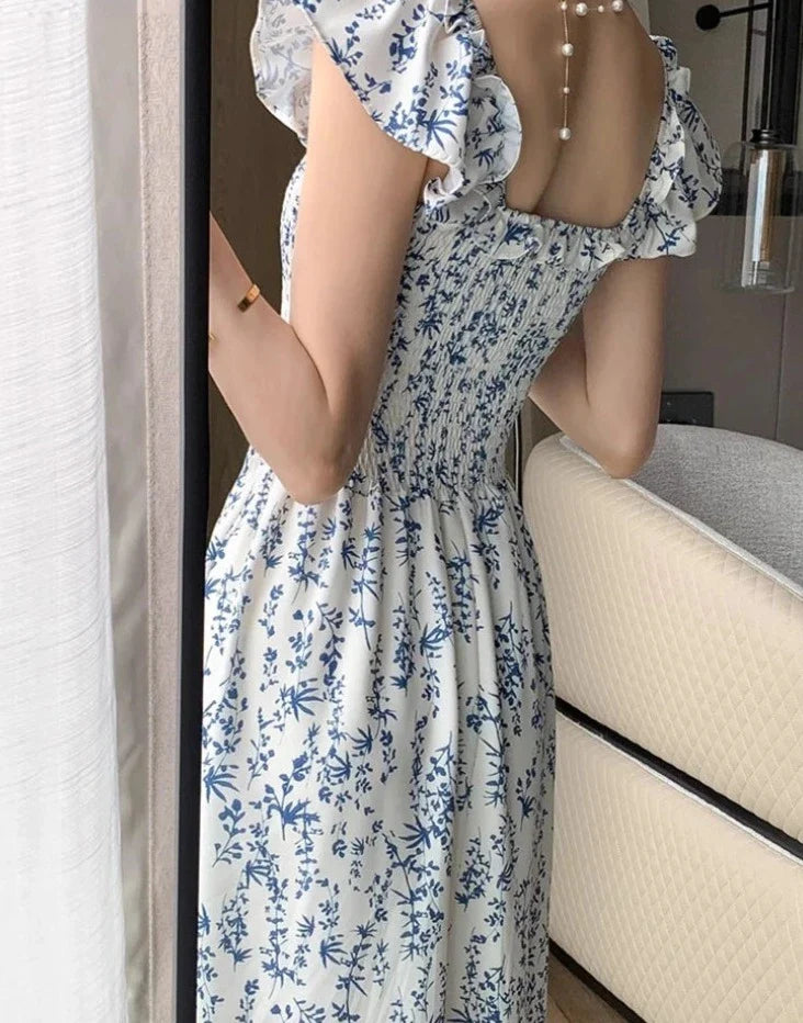 maoxiangshop Vintage Sexy Slash Neck Flying Sleeve Printing Floral Bodycon Dresses for Women Beach Sleeveless Dress Korea Fashion Summer