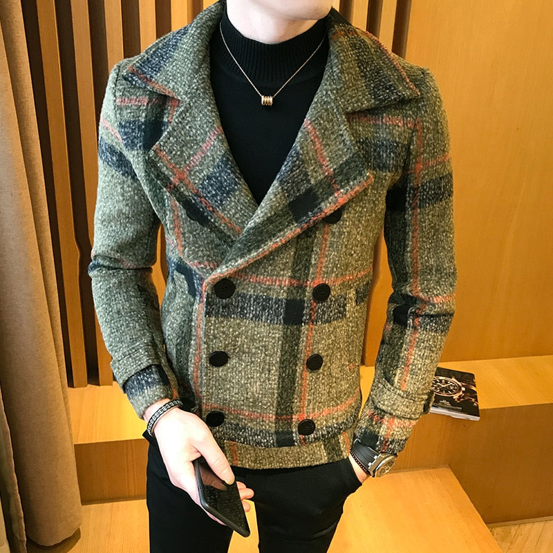 maoxiangshop Autumn Winter New Double-Breasted Windbreaker Slim Short Men Woolen Coat Fashion Retro Plaid Thick Casual Windbreaker Coat