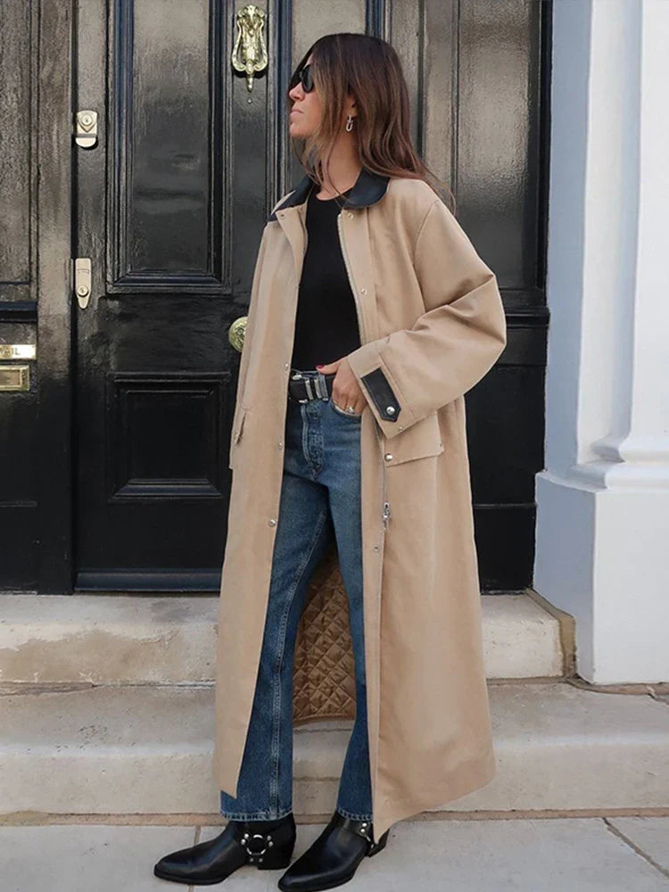 maoxiangshop - Elegant Patchwork Contrast Women Coat Loose Full Sleeve Zipper Button Pocket Maxi Coats Female 2024 Autumn Winter Lady Outwear
