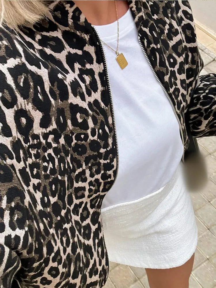 maoxiangshop - Chic Leopard Printed Pattern Lamb Wool Coat 2024 Autumn Winter Fashion Warm Outerwear Female New O Neck Zipper Loose Jackets