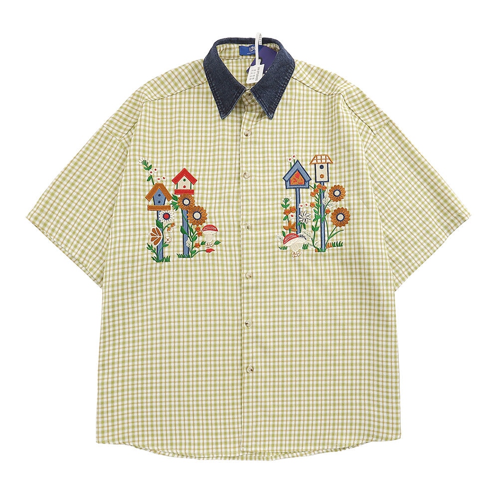 maoxiangshopJapanese Women's Plaid Shirt Vintage Flower Embroidery Blouse Harajuku Fashion Short Sleeve Denim Tops Preppy Korean Girls