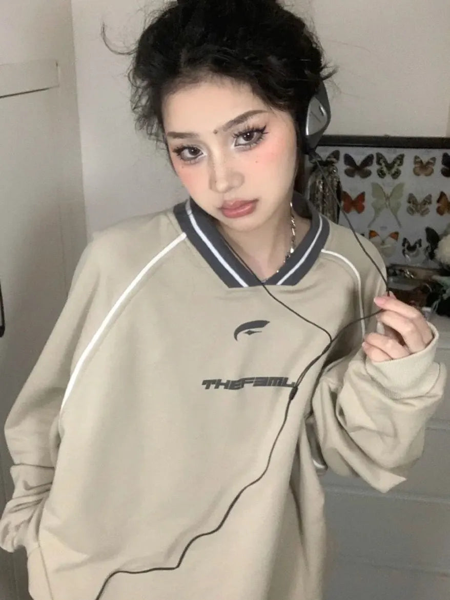 maoxiangshop1 Vintage V Neck Sweatshirt Women Korean Fashion Streetwear Kpop Pullover Casual Harajuku Grunge Cotton Top Autumn Winter