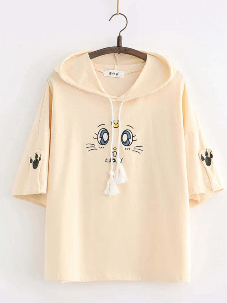 maoxiangshop Purple Cartoon Embroidery Kawaii Hoodies Cotton Hooded Sweatshirt Women Summer Sweet Style Korean Female Short Sleeve Tops
