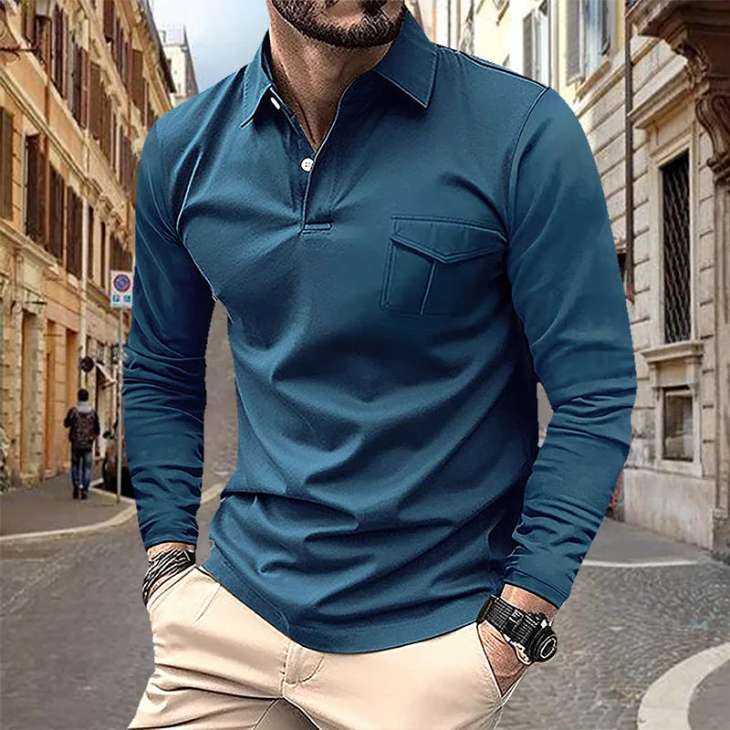 maoxiangshop 2024 Autumn Men's Polo Shirt Lapel Pocket T-shirt Men's Breathable Business Casual Long sleeved