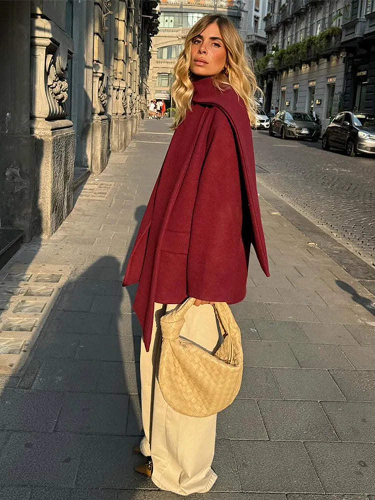 maoxiangshop - Elegant Woolen Coats With Scarf Collar Women Casual Loose Single Breasted Jackets Female Autumn Chic High Street Outwear Tops 