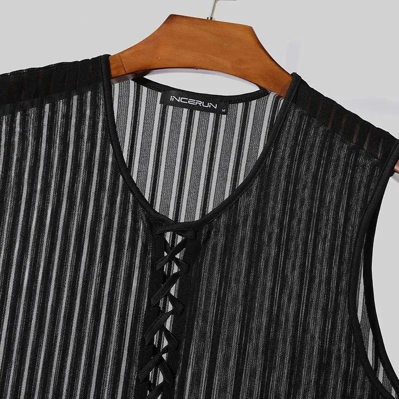 maoxiangshop Men Tank Tops Transparent Lace Up Mesh O-neck Sleeveless Male Vests Summer Streetwear 2024 Skinny Fashion Men Clothing