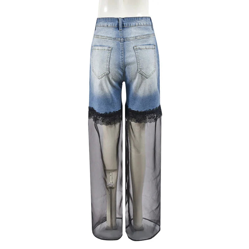 maoxiangshop - Mesh Patchwork Baggy Jeans Women Fashion High Waist Loose Straight Trousers Casual Streetwear Spring Autumn Denim Pants