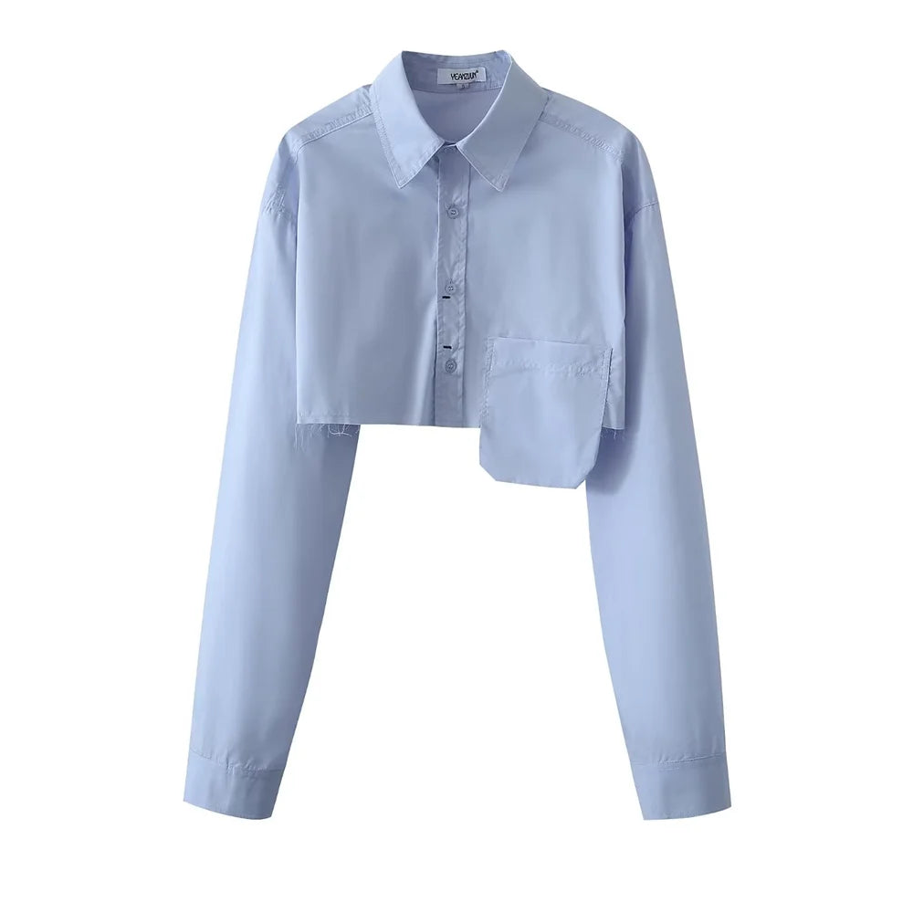 maoxiangshop - Long sleeve cropped blouse women Summer fashion sexy short blouse women white cute tops loose pocket designer clothes