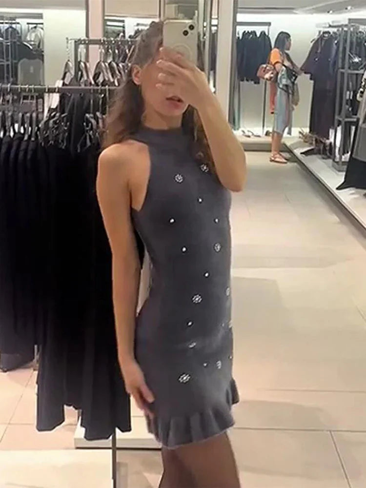 maoxiangshop - Elegant Bead Mini Dresses for Women Faux Fur Hanging Collar Sleeveless Slim Female Short Dress 2024 Autumn New Party Robes