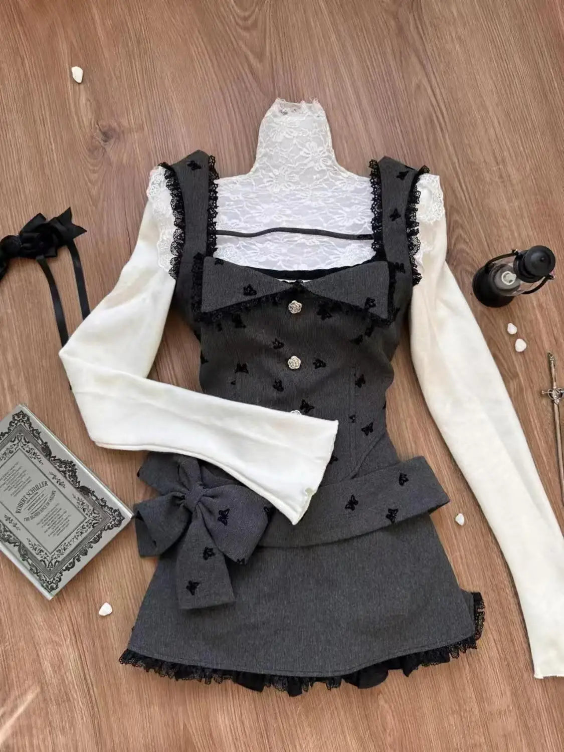 maoxiangshop - Sweet Cute White Ruffled Tops+Lace Edge Grey Vest+slimming High Waisted Skirt 3 Piece Set for Women Winter Japanese Skirt Suit