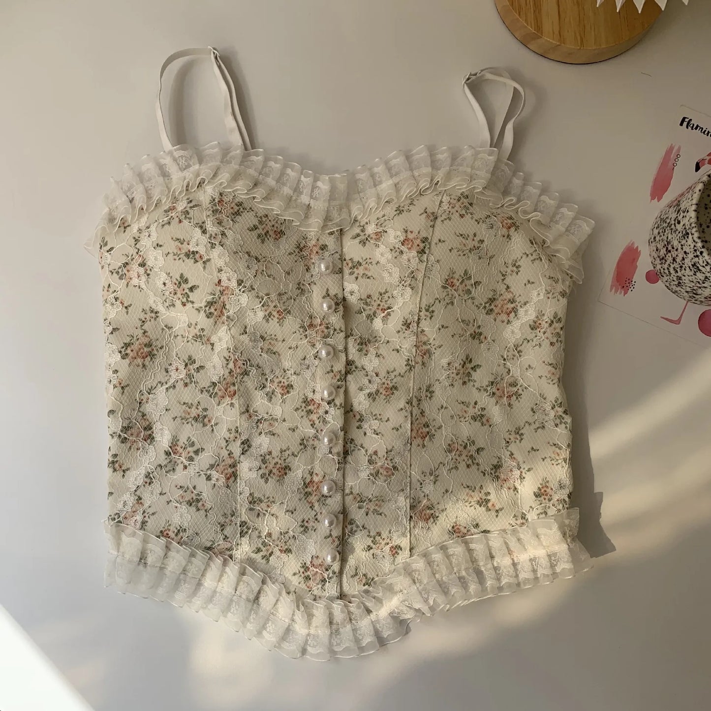 maoxiangshop-Lace Flower Print Cami Crop Tank Tops Summer Camisole Women's Tube Top Elegant Slim Short Tanks Vest Sexy Y2k Pearl