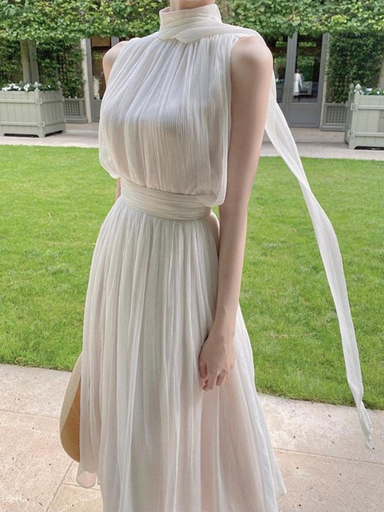 maoxiangshop Summer White France Vintage Dress Women Chiffon Elegant Evening Party Long Dress Ladies Casual Korean Style One-piece Dress