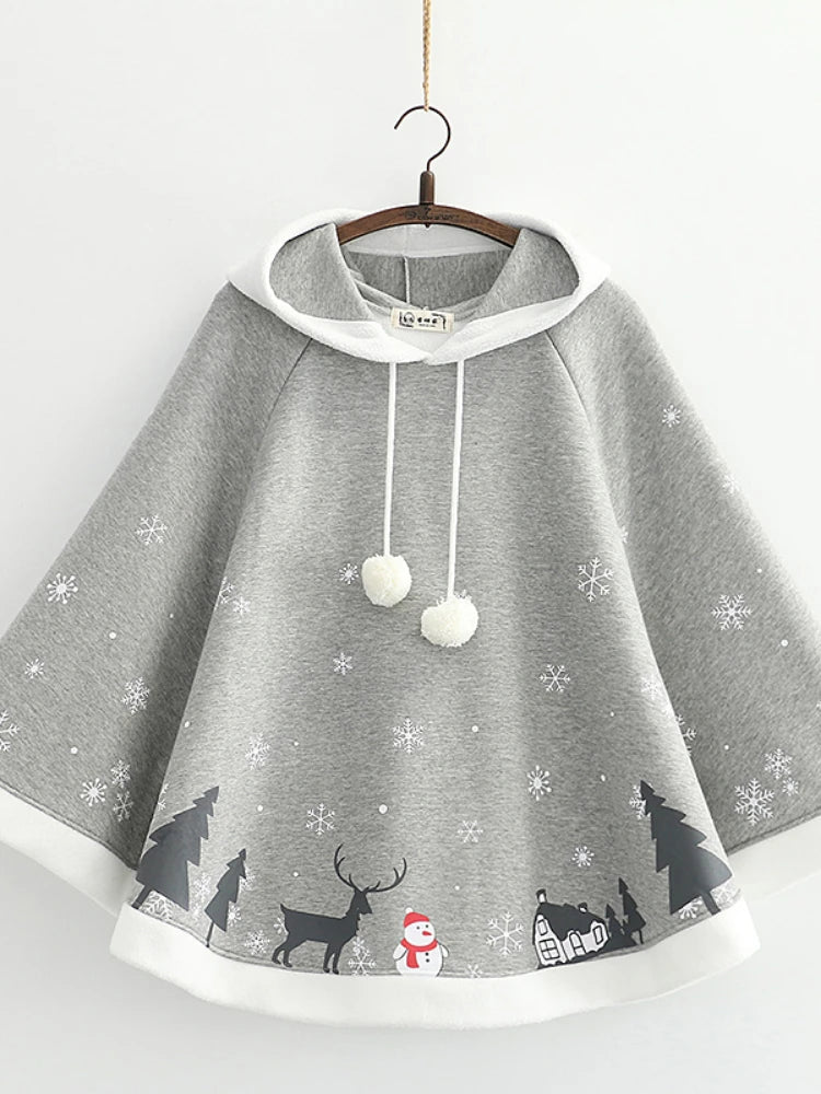 Women's Poncho Fleece Hooded Cape Coat Cartoon Print Batwing Sleeve Bat Sleeved Female Winter Outwear Jacket