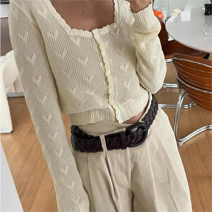 maoxiangshop Fall outfits women cropped cardigan long sleeve cute crop sweater kawaii knitwears heart square neck top knitted