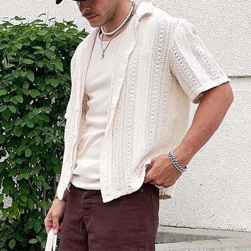 maoxiangshop Vintage Embroidery Knitting Mens Shirts Summer Beach Fashion Loose Short Sleeve Knit Tops For Men New Casual Knitted Cardigans