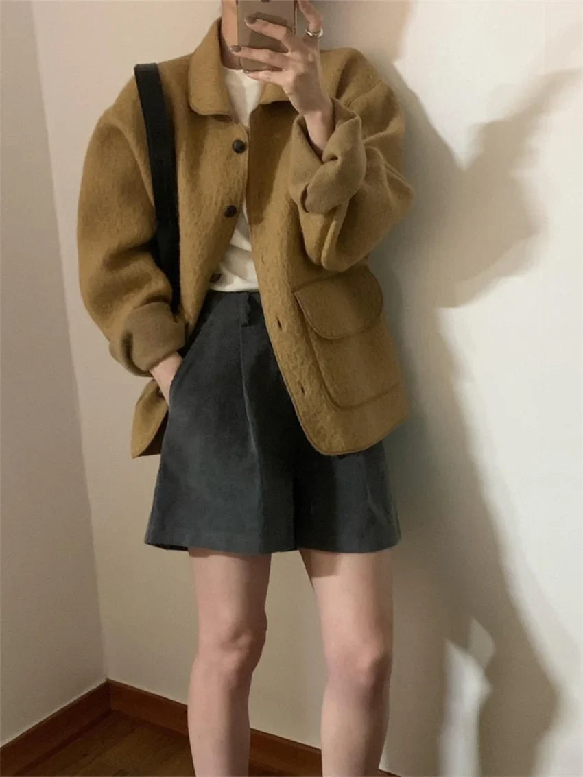 maoxiangshop - Chic Solid Woolen Jackets Loose Women New Warm 2025 Vintage Slim Winter Streetwear Elegant Fashion Daily Coats