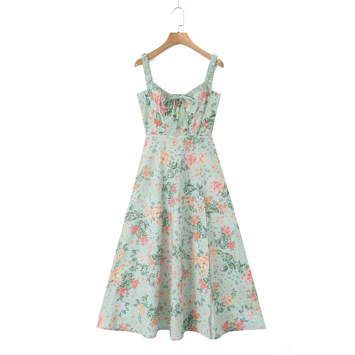 maoxiangshop Women French Style Floral Print A-line Midi Sling Dress Sexy Sleeveless Front Slit Female Holiday Party Summer Dress
