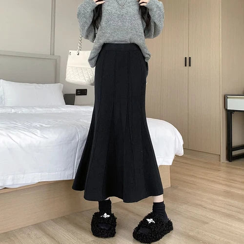 maoxiangshop Knitted Long Skirt for Women Fashion Korean Autumn Winter Ankle-Length Casual Slim Midi Skirt Solid Elegant Women's Skirts