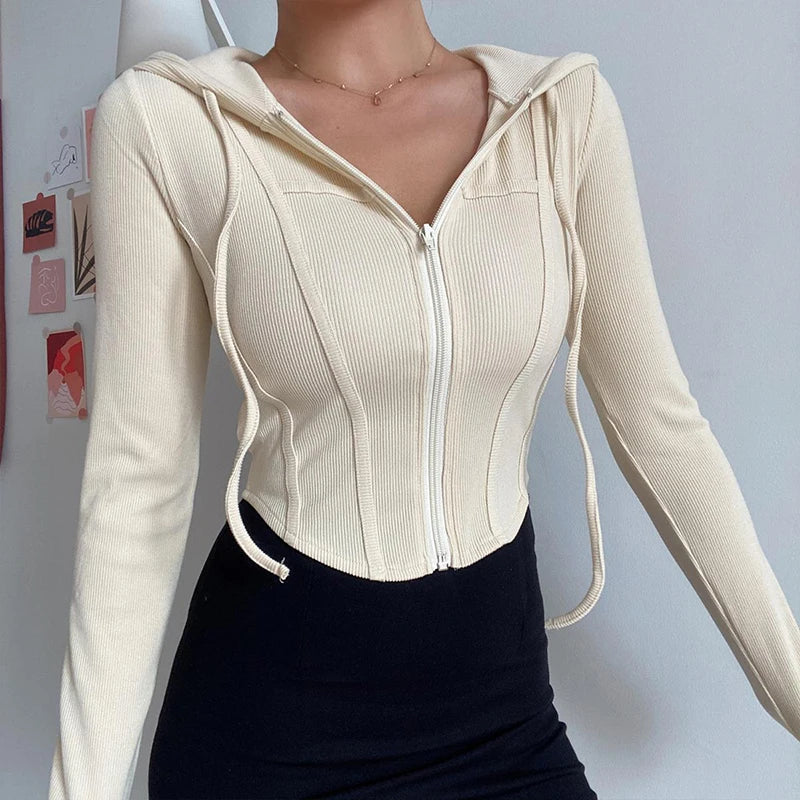 maoxiangshop-Streetwear Slim Fit Cropped Jacket Women Korean Fashion Long Sleeve Hooded Crop Top Woman Wild Ribbed Zipper Up Sweatshirt Mujer