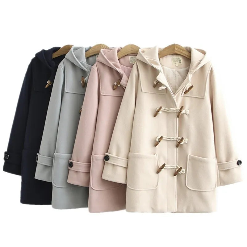maoxiangshop Double Row Horn Buckle Coat Hooded Women Autumn Clothing Winter Casual Solid Thicken Button Jacket College Style