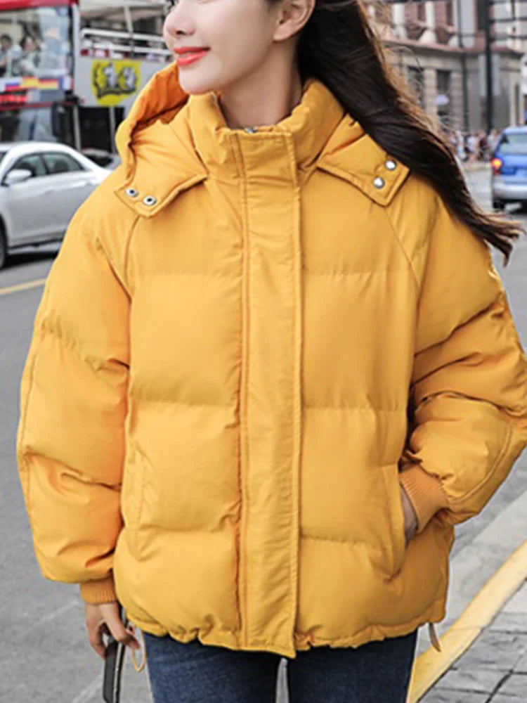 maoxiangshop Fashion Winter Hooded Puffer Jacket Women Solid Casual Warm Oversize Parkas Female Korean Loose Long Sleeve Coat Women Clothing