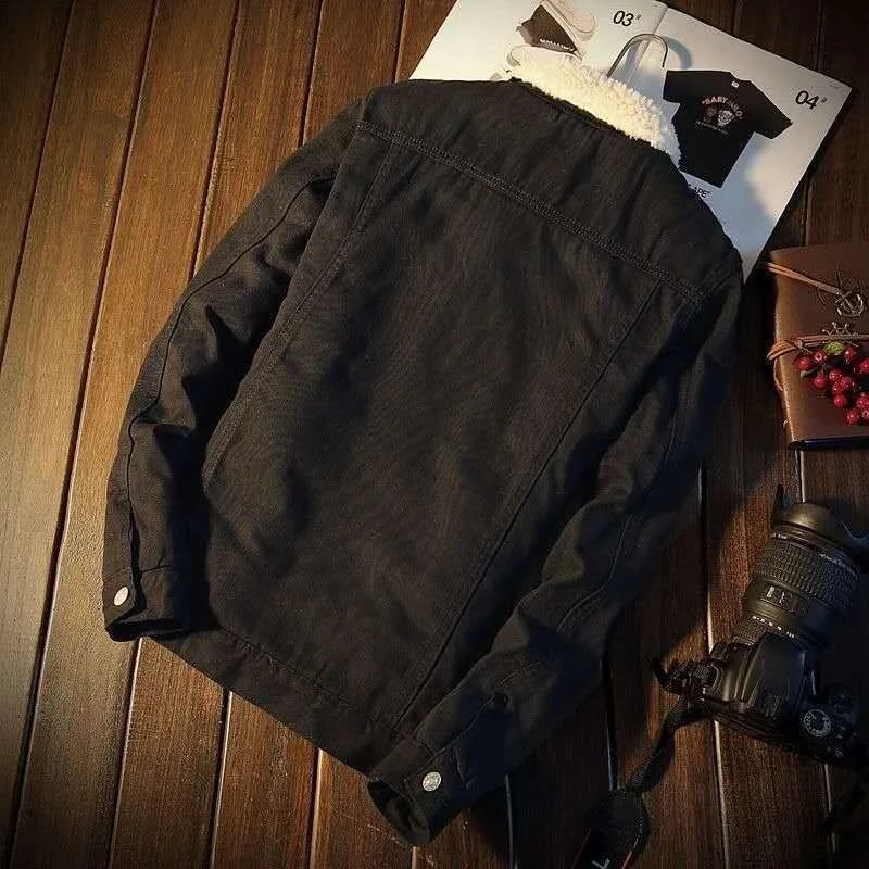 maoxiangshop Autumn and Winter New Men Fashion Trend Lamb Cashmere Denim Jacket Male Casual Comfort Thick Warm High Quality Overcoat Thermal
