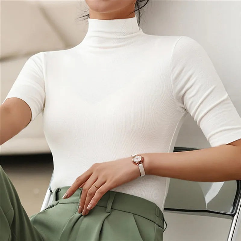 maoxiangshop1 Basic Cotton T Shirt Women Turtleneck Slim Tshirt Short Sleeve T-shirts Female Casual Elasticity White Tee Shirt Femme Woman Top