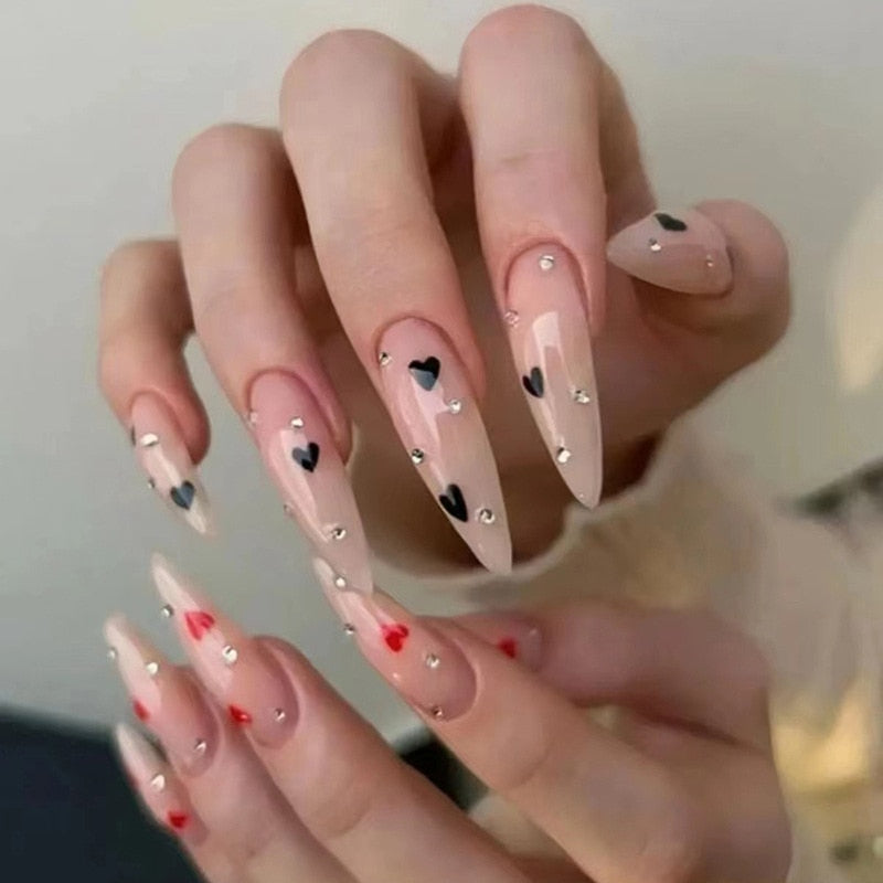 24Pcs False Nails With Glue Almond Pink Butterfly Design Detachable Rhinestones Acrylic Fake Nails long stiletto Press On Nails