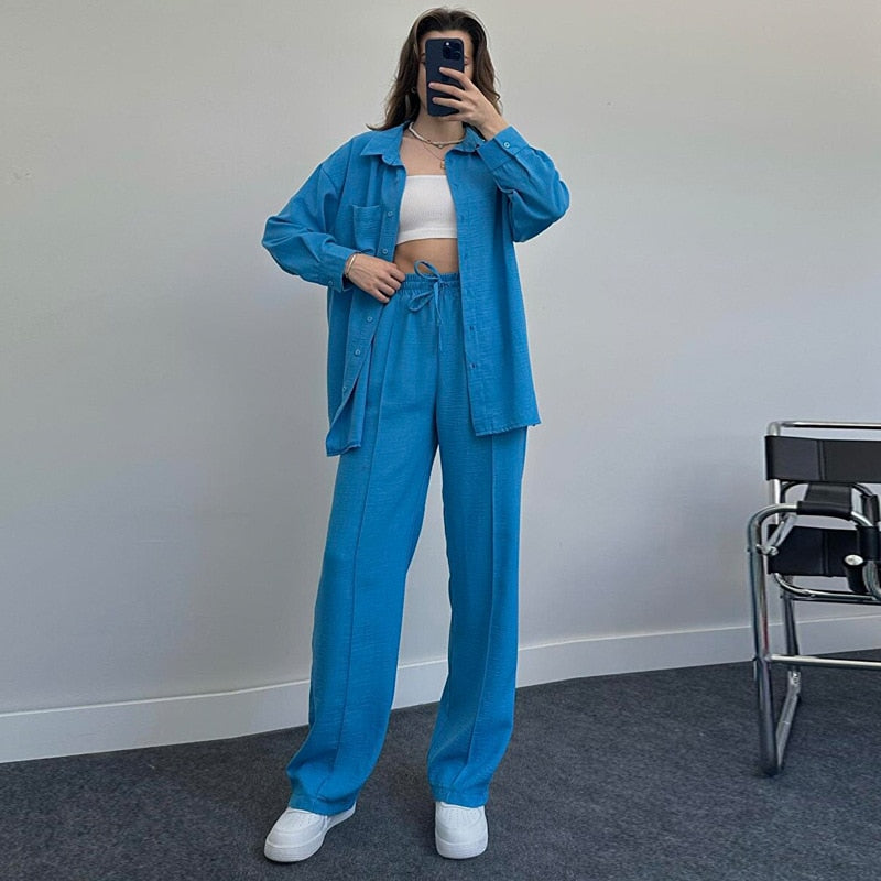 maoxiangshop New Womans Suit Autumn Sleepwear Two-piece Women's Homewear Long Sleeve Cropped Button Shirt + Wide Leg Pants Suit Ladies