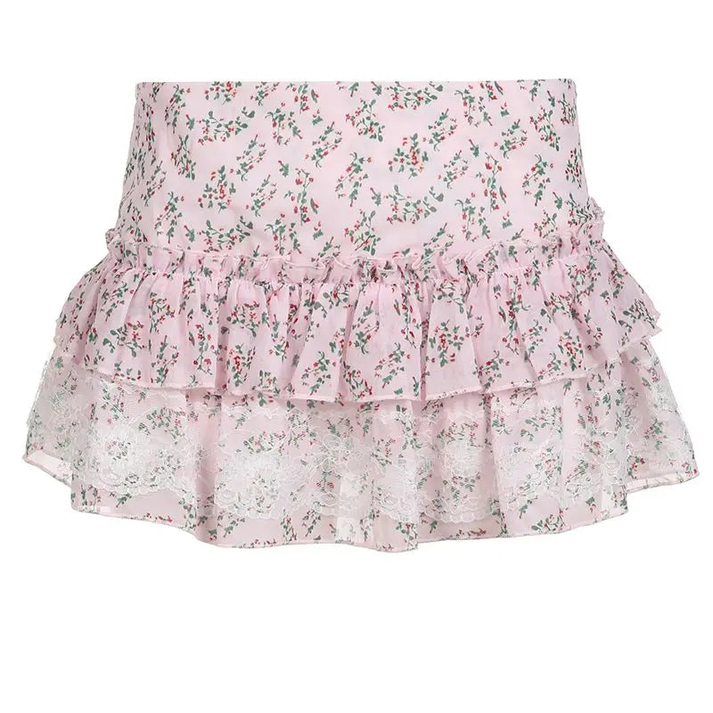 maoxiangshop Coquette Pink Mini Skirt Women Y2k Low Waist Lace Patchwork Cute Sexy Fairycore Mesh Floral Skirt Summer Mori Girl