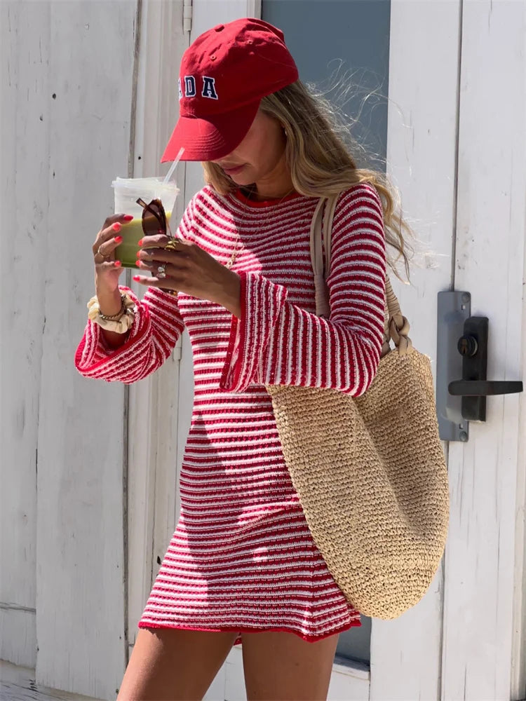 maoxiangshop - Striped Knit Sweater Mini Dress Female Patchwork High Waist Contrast Zebra Printed Beach Dress Women Knitwear Dress Autumn