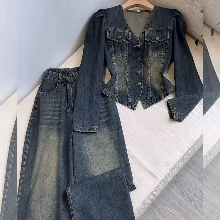 V Neck Denim Coat Wide Leg Jeans Trousers 2 Piece Sets Womens Outfits Y2k Suits Vintage Autumn Winter Jacket Loose Pants